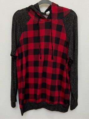 Lovely Souls Red, Black Buffalo Plaid Hooded Top With Charcoal Grey Sleeves L